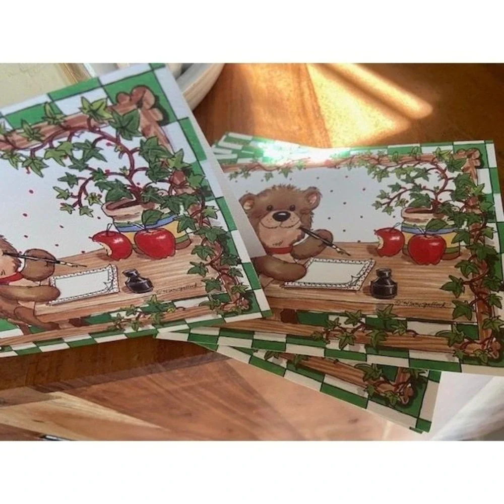 Suzy's Zoo Vintage 1994 Bear Writing Note Cards Set of 5 Blank Stationery Green